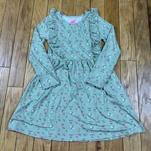 Freestyle Girls Soft Dress Size 8 Green Floral Long Sleeve Ruffle A-line